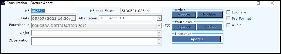 Description de la Fiche Facture