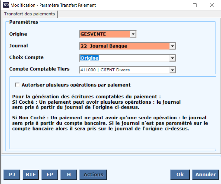 Paramètres de transfert des paiements